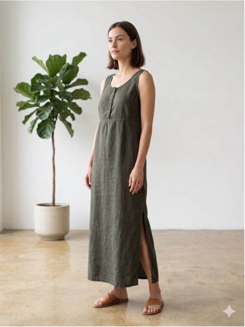POSTCARD Italy Linen Midi Dress Army Green Button Front Boho Coastal Minimalist - Picture 2 of 12